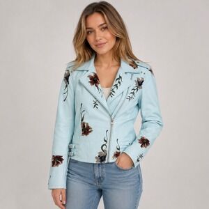 Modx Women's Light Blue Embroidered Floral Studded Moto Jacket‎ Size S